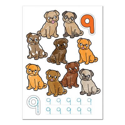 Activity page with nine brown pug puppy illustrations and a large orange number 9 with tracing guides.