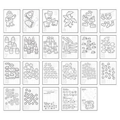 Grid of 23 black and white activity pages showing numbers 1 to 20 with matching counts of animals and objects.