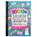 Teal glittery sticker book cover featuring a unicorn, llama, and rainbow text reading 1000+ Stickers.