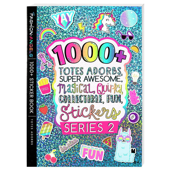 Teal glittery sticker book cover featuring a unicorn, llama, and rainbow text reading 1000+ Stickers.