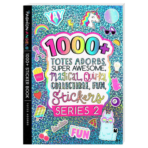 Teal glittery sticker book cover featuring a unicorn, llama, and rainbow text reading 1000+ Stickers.