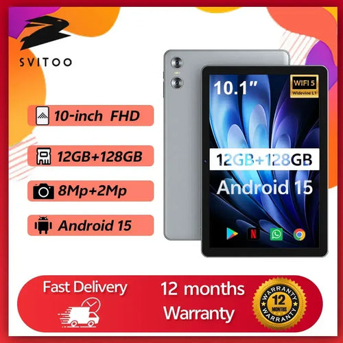 SVITOO 10.1 2025 Tablet Android 15 8-core 12GB RAM 128GB with 8MP camera and 12-month warranty
