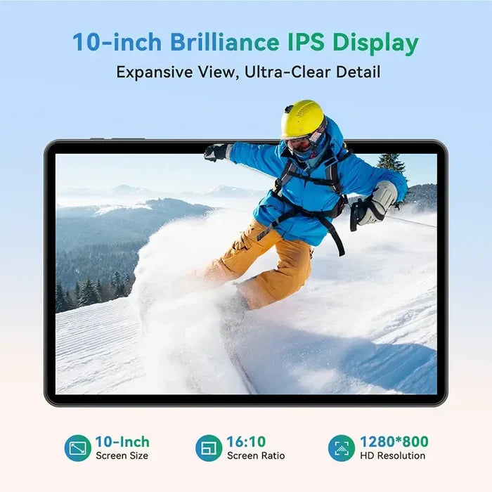 10.1 2025 Tablet Android 15 8-core 12GB RAM 128GB with skier on screen, showcasing 10-inch IPS display, 1280x800 resolution, 16:10 ratio.