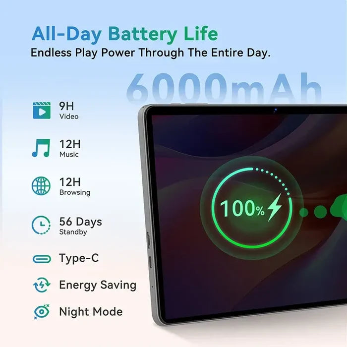 10.1 2025 Tablet Android 15 8-core 12GB RAM 128GB showing battery life and charging features
