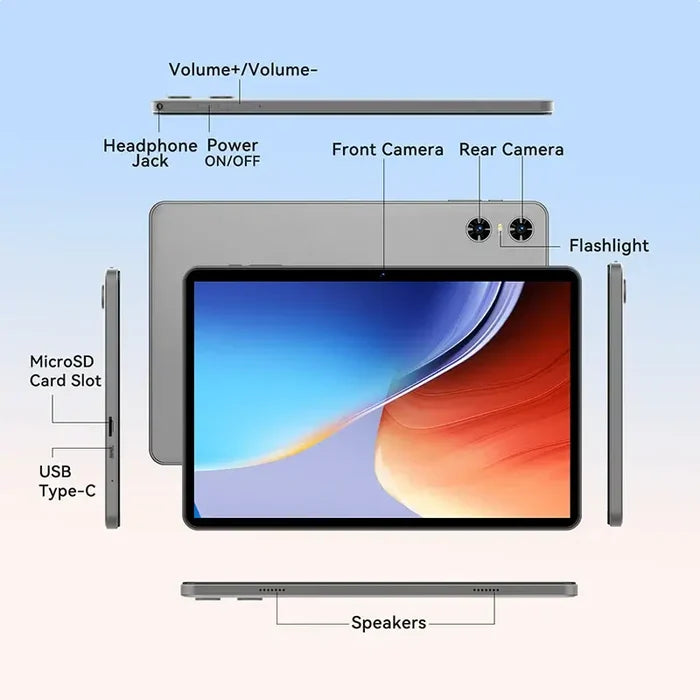 10.1 2025 Tablet Android 15 8-core 12GB RAM 128GB with camera features and ports displayed