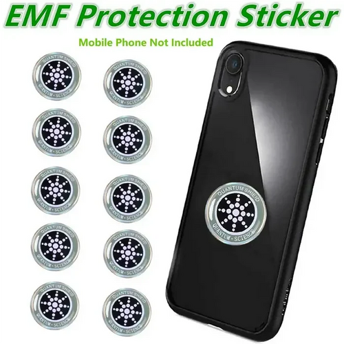 10PCS EMF Protection Sticker Anti Radiation for All Electronic Devices shown with placement on phone