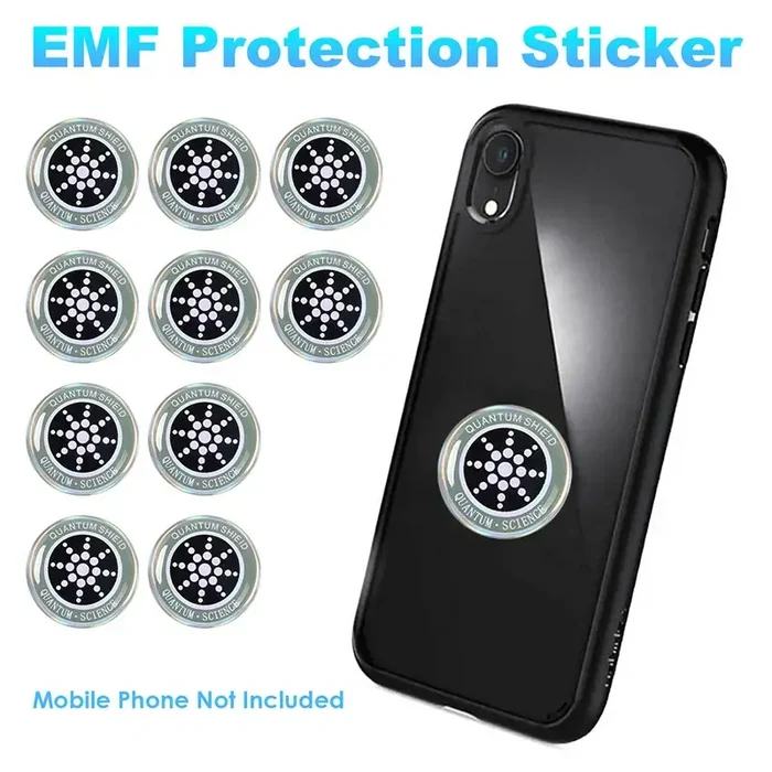 10PCS EMF Protection Sticker Anti Radiation for All Electronic Devices shown with smartphone, mobile phone not included