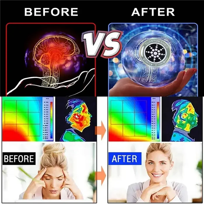 10PCS EMF Protection Sticker Anti Radiation for All Electronic Devices showing before and after effects on brain and body heat maps