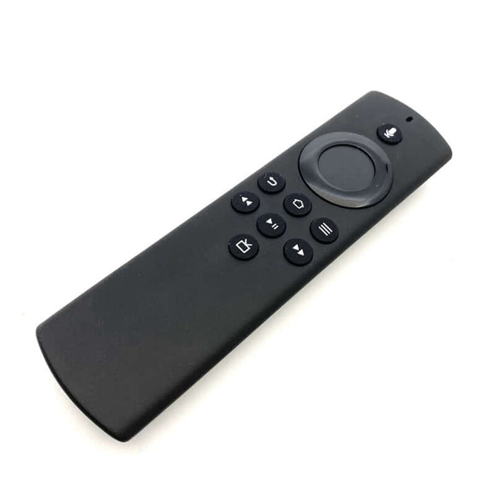 Black remote control with multiple buttons and circular directional pad on white background.