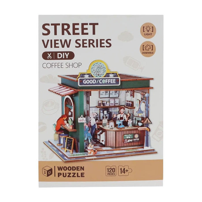 Packaging for a 120-piece DIY 3D wooden puzzle of a miniature coffee shop with LED lights.