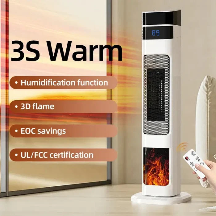 1500W Ceramic Tower Heater & Humidifier - 4-in-1 with humidification function and 3D flame for cozy warmth.