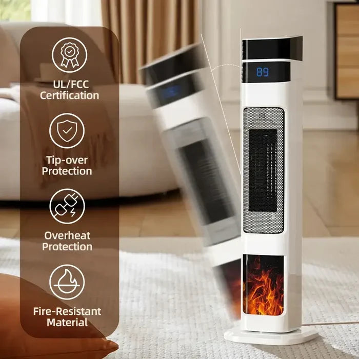 1500W Ceramic Tower Heater & Humidifier - 4-in-1 with UL/FCC certification and safety features like tip-over and overheat protection.