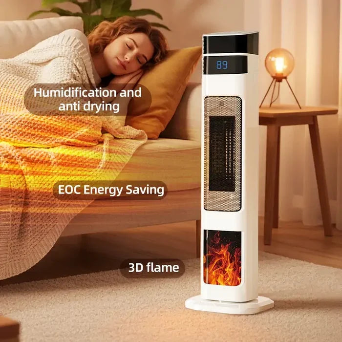 1500W Ceramic Tower Heater & Humidifier - 4-in-1 with 3D flame and humidification features for energy-saving warmth.