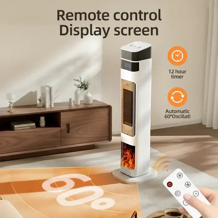 1500W Ceramic Tower Heater & Humidifier - 4-in-1 with remote control and display screen showing temperature settings