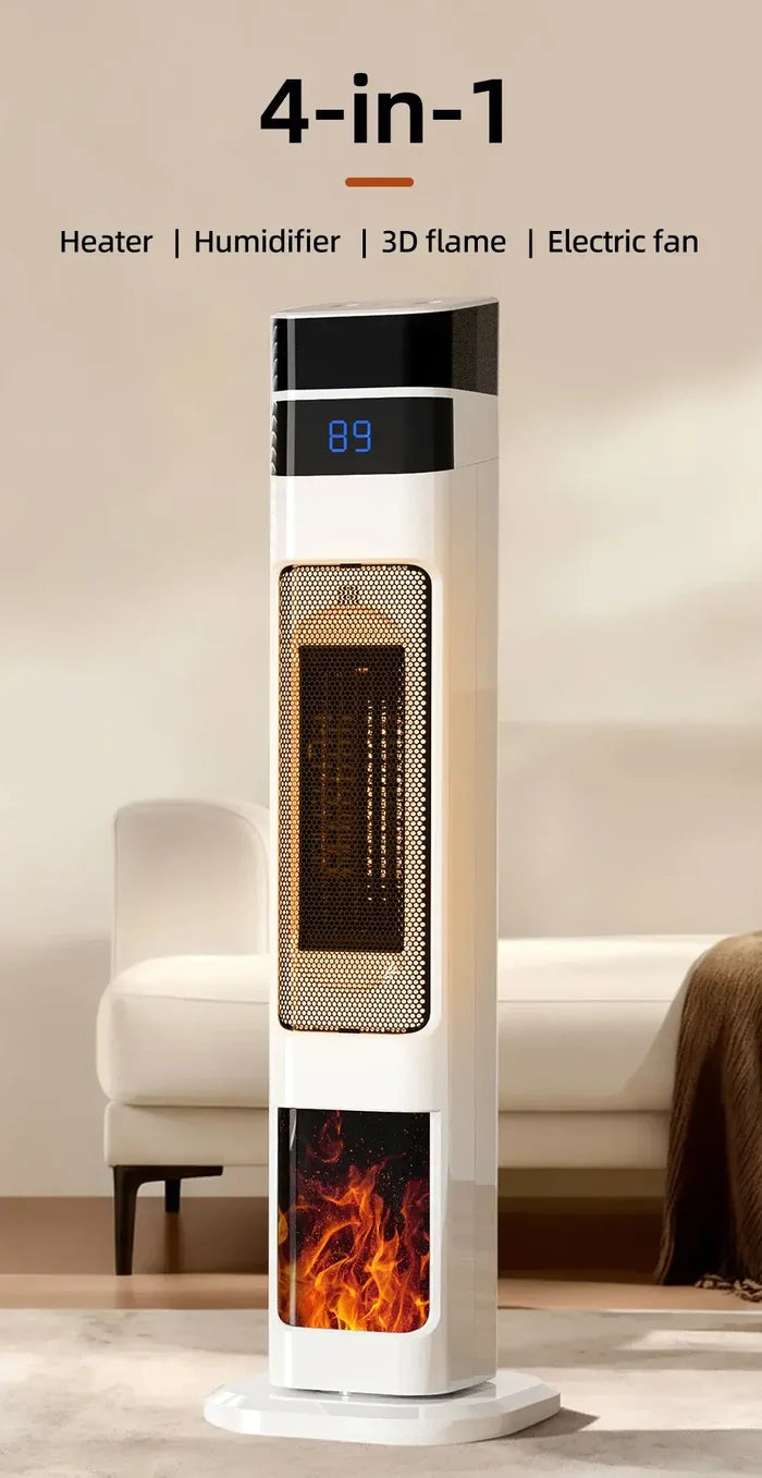 1500W Ceramic Tower Heater & Humidifier - 4-in-1 with display, heater, humidifier, 3D flame, and electric fan features.