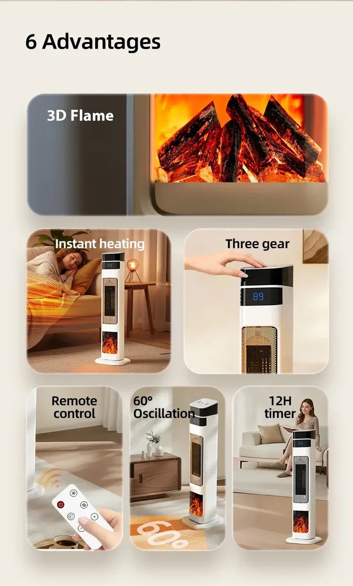 Image showcasing advantages of the 1500W Ceramic Tower Heater & Humidifier - 4-in-1 including 3D flame, instant heating, and remote control.