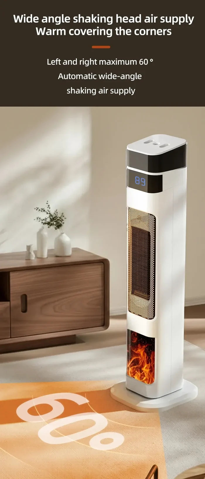 1500W Ceramic Tower Heater & Humidifier - 4-in-1 with wide angle shaking head air supply for efficient heating.