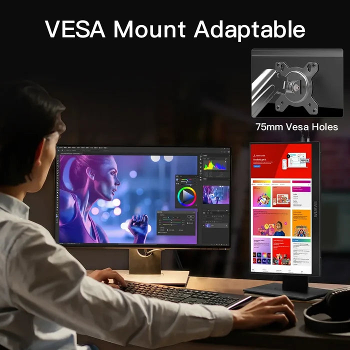 Man using 15.6 inch Portable Monitor for Laptop with VESA mount adaptable feature and 75mm VESA holes.