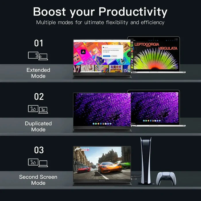 15.6 inch Portable Monitor for Laptop displaying productivity modes: extended, duplicated, and second screen. Enhance efficiency with dual screens.