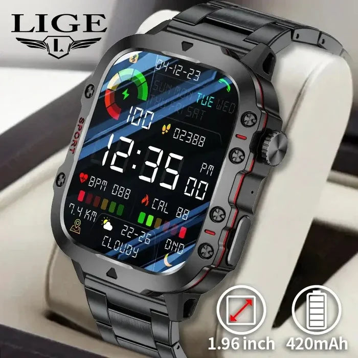 2024 Rugged Military Smart Watch Men by LIGE with 1.96 inch display and 420mAh battery, featuring Android Wear system.