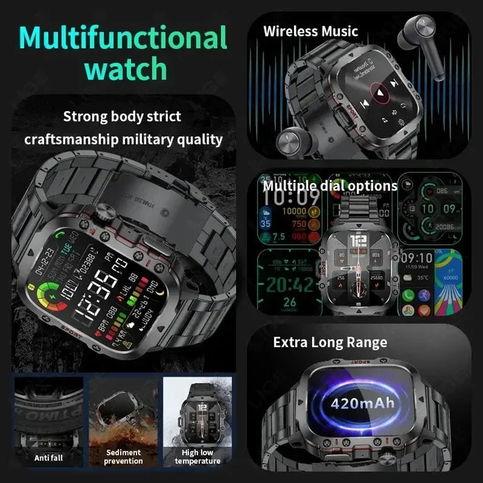 2024 Rugged Military Smart Watch Men with Android Wear, LIGE brand, showing multifunctional features, wireless music, and long battery life.