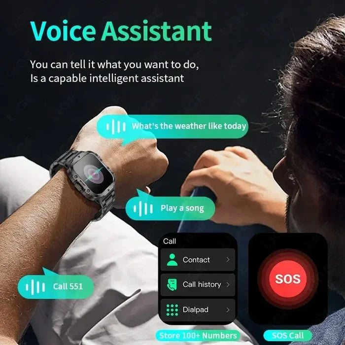 2024 Rugged Military Smart Watch Men with voice assistant features including weather updates, music control, emergency SOS, and call functions.