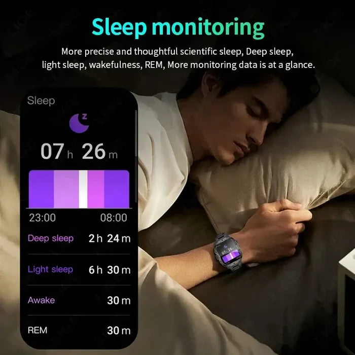 2024 Rugged Military Smart Watch Men with sleep monitoring feature displayed on screen during night time