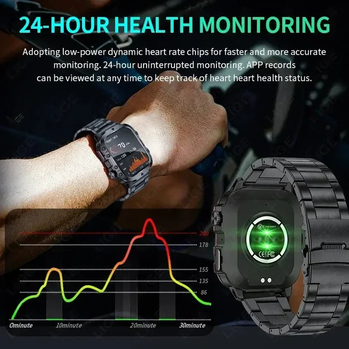 2024 Rugged Military Smart Watch Men with 24-hour heart rate monitoring