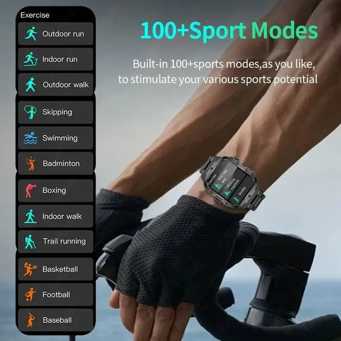 2024 Rugged Military Smart Watch Men showing 100+ sport modes and exercise features like running, swimming, and biking on wrist.