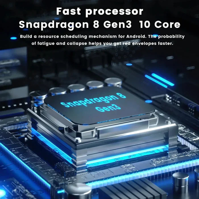 Close-up of Snapdragon 8 Gen3 processor on 2025 New Android Tablet PC 10 inch motherboard, highlighting fast processing capabilities.