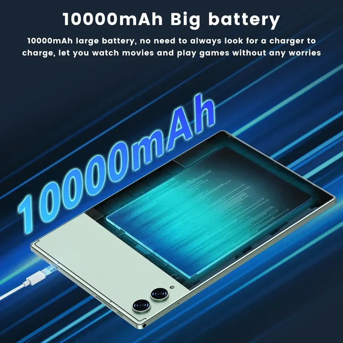 2025 New Android Tablet PC 10 inch with 10000mAh battery displayed on screen, highlighting powerful battery life for extended use.