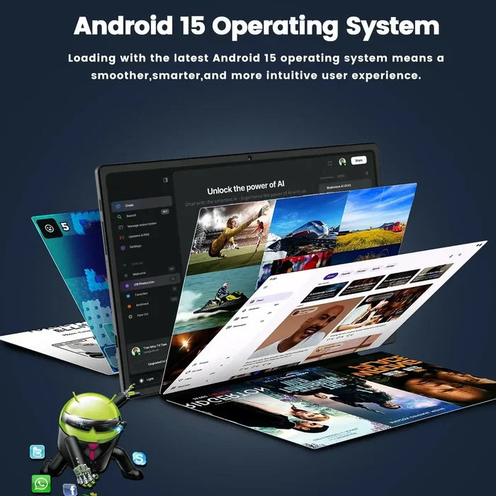 2025 New Android Tablet PC 10 inch with Android 15 showcases advanced multitasking interface and AI capabilities.