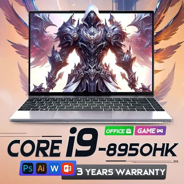 2025 Portable Gaming Laptop Notebook with Intel Core i9-8950HK and 3-year warranty, featuring stunning gaming graphics on screen.