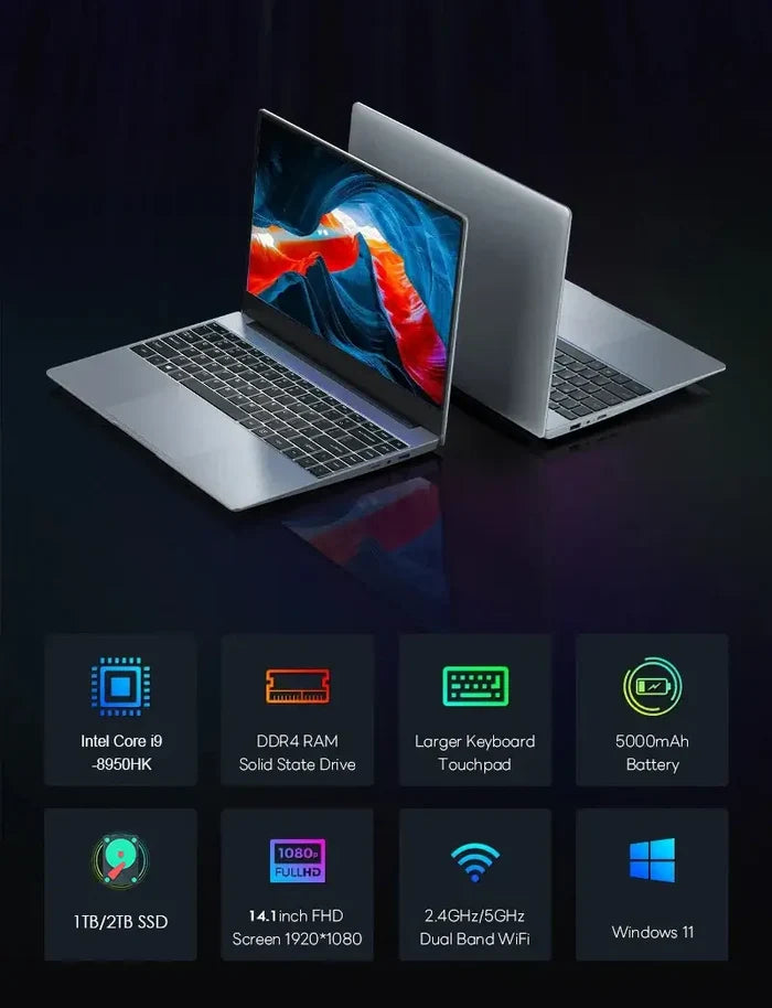 2025 Portable Gaming Laptop Notebook with Intel Core i9, 14-inch FHD, 5000mAh battery, and 1TB SSD.