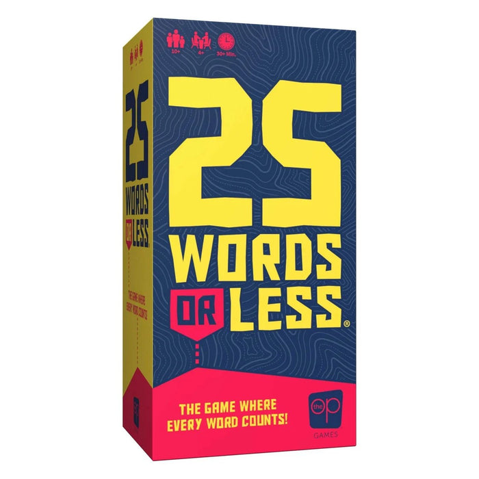 A tall blue rectangular game box featuring the title 25 Words or Less in large yellow and red block lettering.