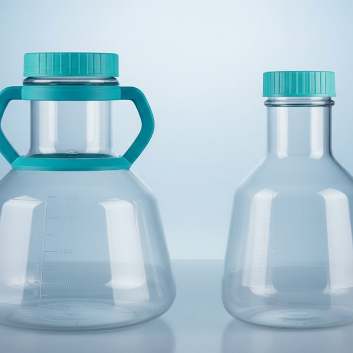 NEST High Efficiency Erlenmeyer Flasks — 5L with handle and 2L size comparison, teal screw caps