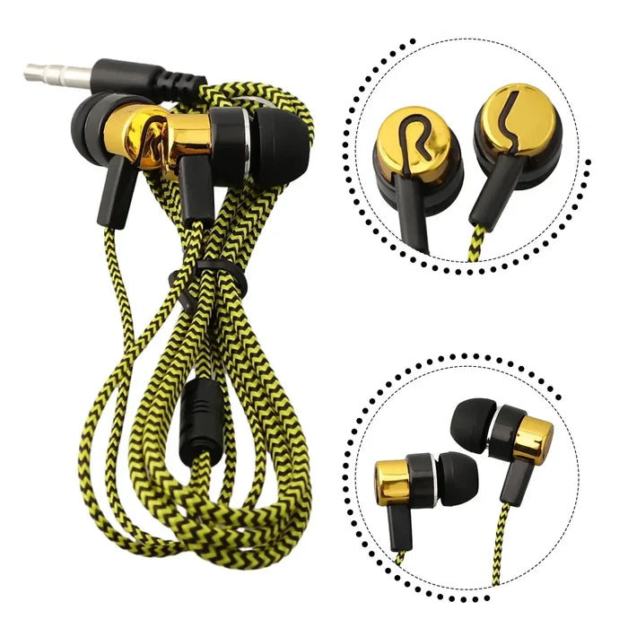 3.5mm In-Ear Wired Headphone 2 Basic Box Bass Stereo Earbuds with yellow braided cord and black ear tips