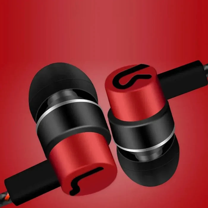 3.5mm In-Ear Wired Headphone 2 Basic Box Bass Stereo Earbuds on a red background, featuring a metallic red and black design.