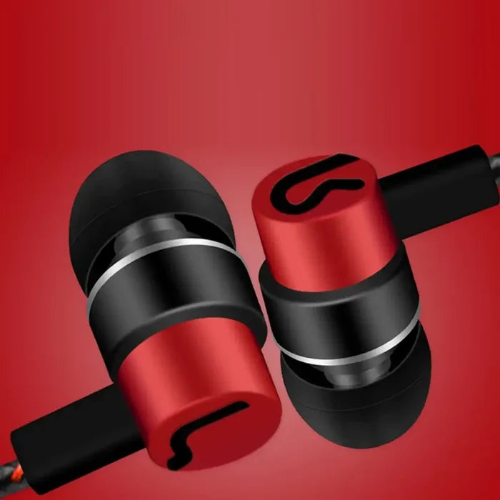 3.5mm Wired Headphones with Superb Bass Stereo Effect; red and black earphones with active noise-cancellation and control button.