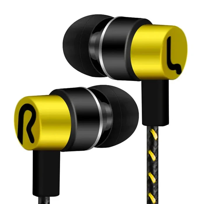 3.5mm Wired Headphones with Superb Bass Stereo Effect, active noise-cancellation, iHseno brand, yellow and black design.