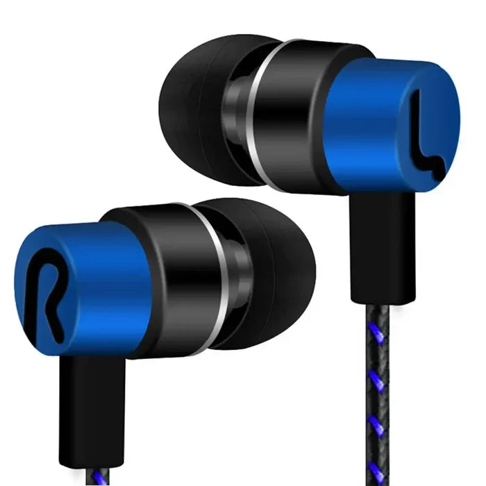 3.5mm Wired Headphones with Superb Bass Stereo Effect, blue and black design, active noise-cancellation, wired connectivity.