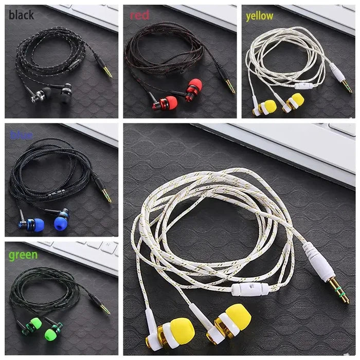 Multiple color options of 3.5mm Wired In-ear Stereo Bass Earphone Nylon Weave Cable with active noise cancellation.
