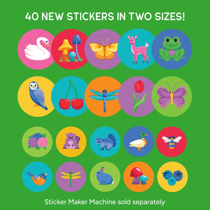 Twenty colorful round stickers with garden illustrations like a swan, frog, and butterfly on a green background.