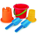 Five-piece plastic beach toy set with a red bucket, orange and yellow sand molds, and two blue scoops.