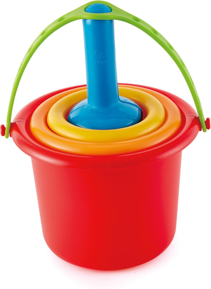 Nested red, orange, yellow, and blue beach buckets with a tall blue central post and arched green handle.