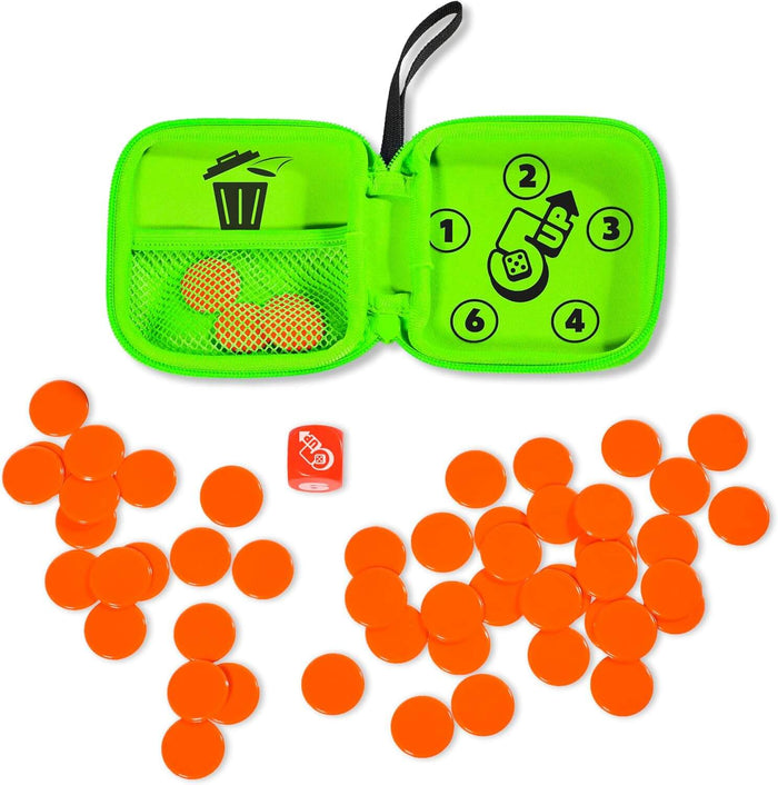 Open neon green travel case with orange game chips and a red die scattered on a white surface.