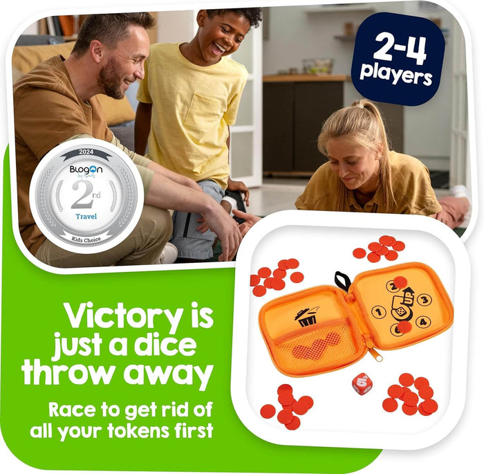 People playing a travel game with an orange zippered pouch, red circular tokens, and a red die.