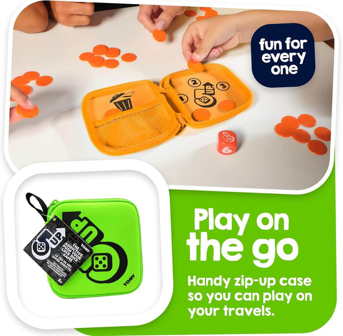 Players using an orange travel pouch and tokens next to a closed green 5 Up game case and a red die.