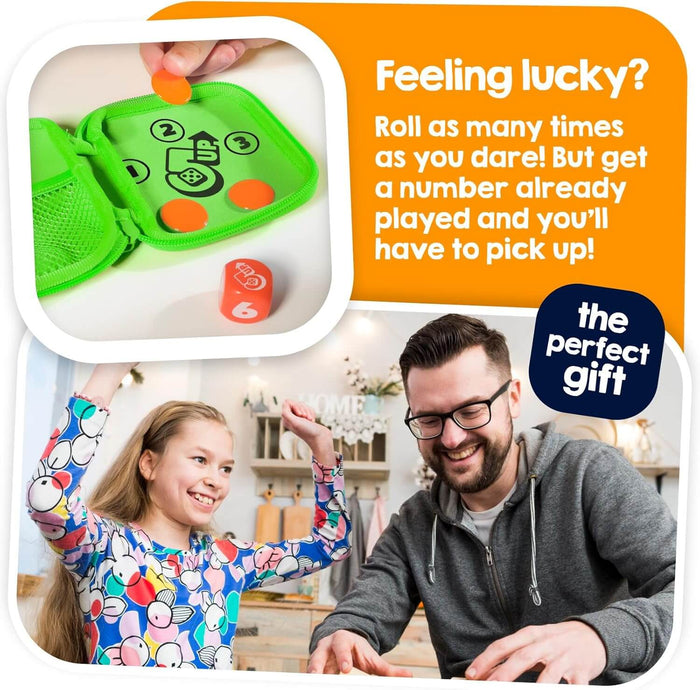 Orange tokens in a numbered green case and a red die. Below, a man and girl laugh while playing together.