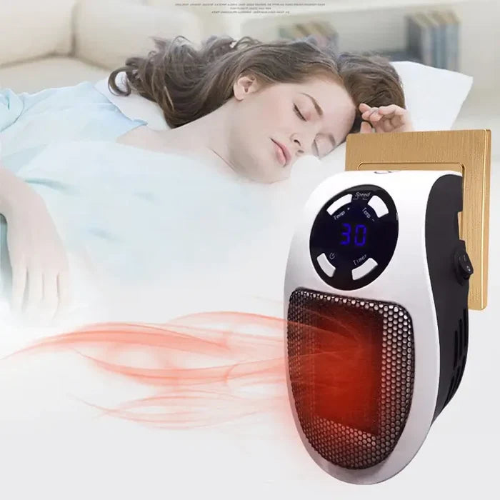 500W Fan Heater Mini Electric Space Heater providing warmth in a bedroom setting